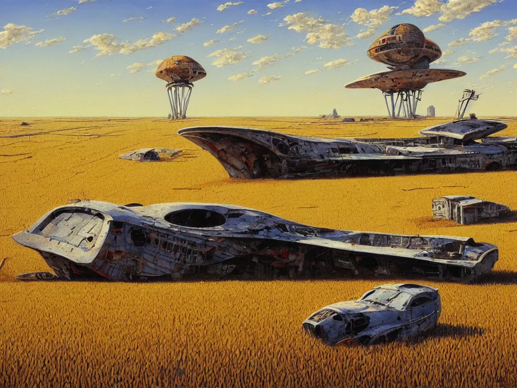 Image similar to A fantastic painting of a dilapidated post-modern building on a wheat field with an abandoned spaceship parked on the roof of the building, by Robert McCall, Trending on artstation, very detailed