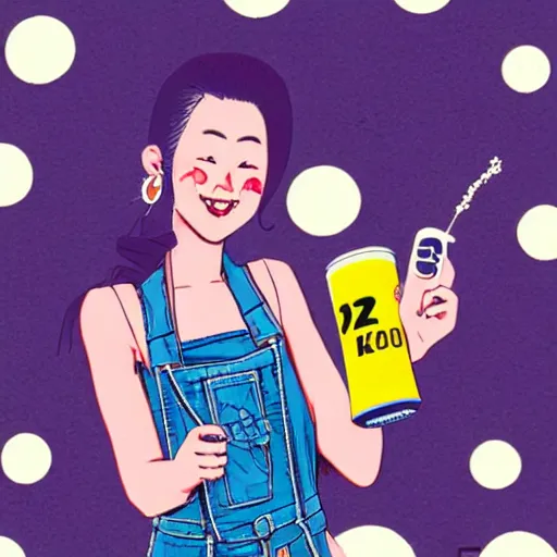 Image similar to y 2 k aesthetic japanese pop - culture magazine illustration, girl in tank - top and denim jump suit holding a can of soda near her smiling face