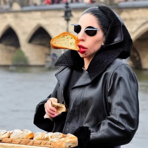 Image similar to Lady Gaga eating bread on Charles Bridge