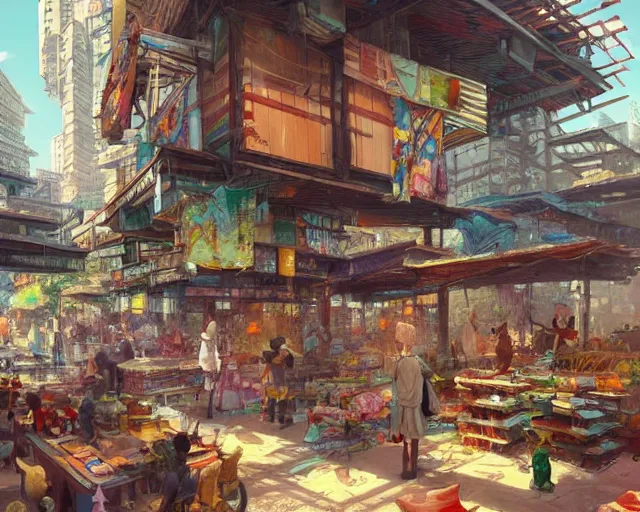 Image similar to colorful marketplace in a great, brutalist kitsune city, bamboo, anime, a fantasy digital painting by greg rutkowski and james gurney, trending on artstation, highly detailed