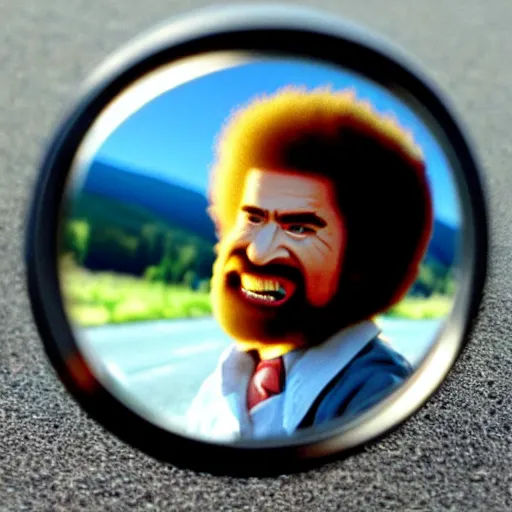 Prompt: a tiny screaming bob ross chasing you in rear view mirror