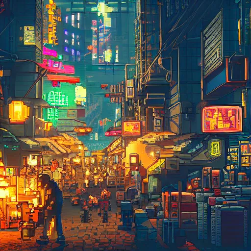 Image similar to fantastic lighting, pixel art, high detail , 16 bits, cyberpunk market, 2d