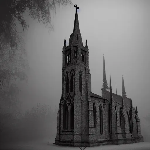 Image similar to victorian church in the middle of the city, dark, misty, at night, 8 k, detailed, concept art, trending on artstation