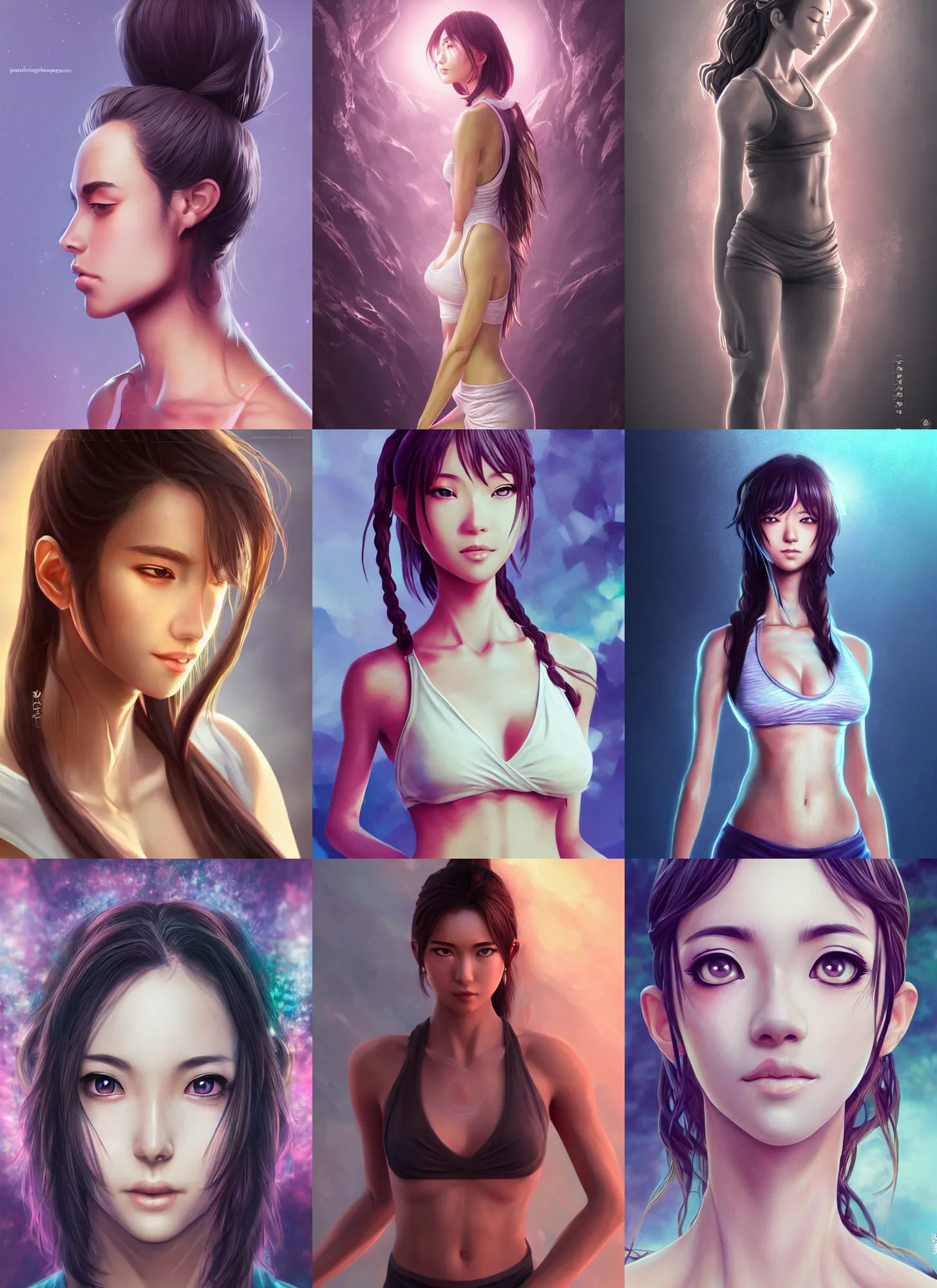 Prompt: very detailed full body portrait of yoga instructor, anime, fantasy, beautiful, pretty face, slender, dreamy aesthetic, 4 k, aura of light, cinematic lighting, highly detailed, sharp focus, artstation, masterpiece, art by hyungjin yang