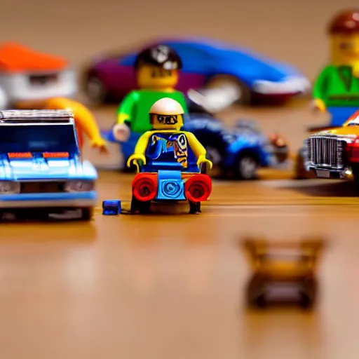 Prompt: tilt-shift photography of a group of Hotwheels cars racing on a hardwood floor, Lego minifigures are cheering them on in the background