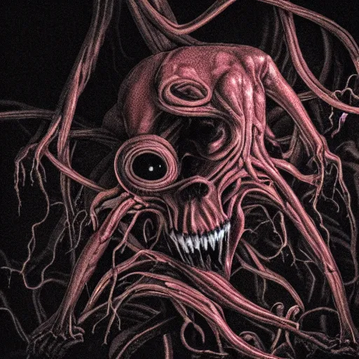 Prompt: a high-quality photo of a scary massive blood-oozing amorphous blood clot monster composed of muscle, bones, and writhing tendrils made of muscles and tendons lurking in the darkness, partially illuminated only by the camera flash, numerous dimly glowing eyes