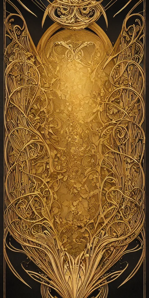 Image similar to an intricate art nouveau edges frame, with golden entertwined edges and empty black center, highly detailed, artstation, concept art, matte, sharp focus,