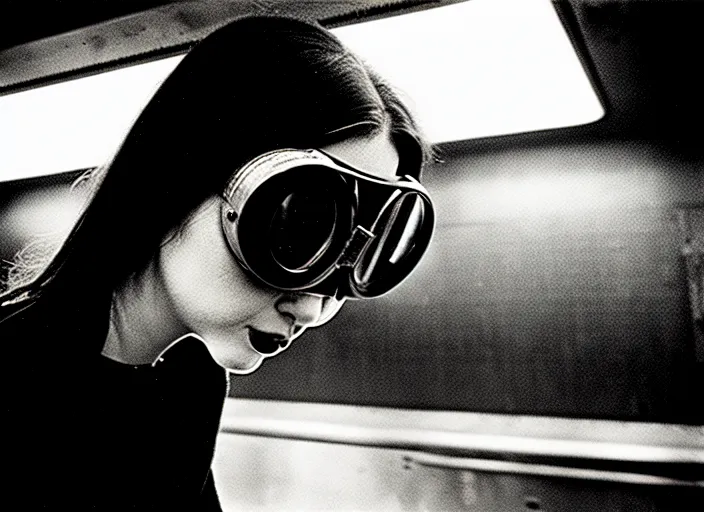 Prompt: close - up portrait of a young woman wearing a choker and welding goggles, in a subway, richard avedon, tri - x pan