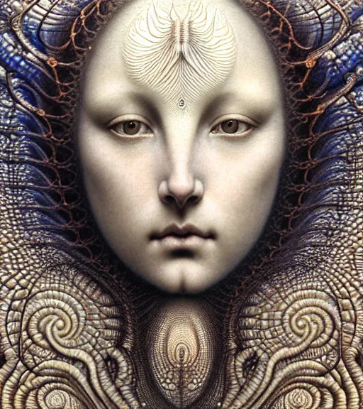 Prompt: detailed realistic beautiful ivory goddess face portrait by jean delville, gustave dore, iris van herpen and marco mazzoni, art forms of nature by ernst haeckel, art nouveau, symbolist, visionary, gothic, neo - gothic, pre - raphaelite, fractal lace, intricate alien botanicals, biodiversity, surreality, hyperdetailed ultrasharp octane render