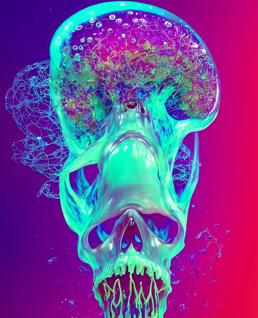 Image similar to close-up portrait of skull dichroic orchid jellyfish skull, betta fish, bioluminiscent creatures, intricate artwork by Tooth Wu and wlop and beeple. octane render, trending on artstation, greg rutkowski very coherent symmetrical artwork. cinematic, hyper realism, high detail, octane render, 8k