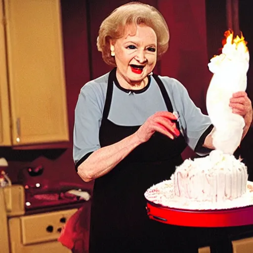 Prompt: betty white baking a cake horror atmospheric red jelly fog eldritch nightmare