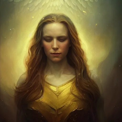 Image similar to majestic gracious regal female angel portrait, atmospheric lighting, painted, ethereal, intricate, volumetric lighting, beautiful, rich deep colours masterpiece, golden hour, sharp focus, ultra detailed, by leesha hannigan, ross tran, thierry doizon, kai carpenter, ignacio fernandez rios