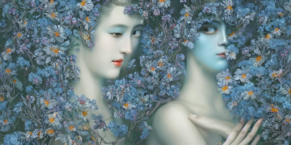 Image similar to breathtaking detailed concept art painting art deco pattern of faces goddesses amalmation light - blue flowers with anxious piercing eyes and blend of flowers and birds, by hsiao - ron cheng and john james audubon, bizarre compositions, exquisite detail, extremely moody lighting, 8 k