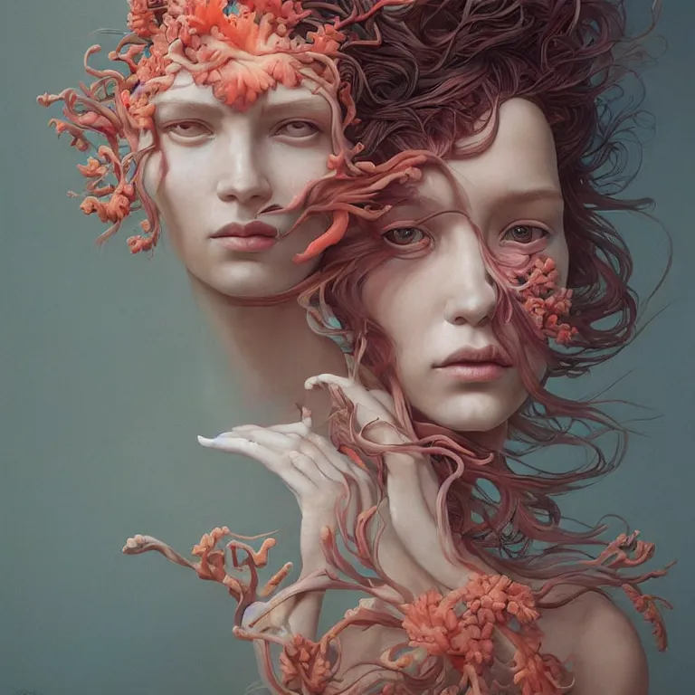 Image similar to portrait of beautiful!! woman with coral!! reef hair. soft light painted by james jean and moebius!!! and erik jones, inspired by mary jane ansell, smooth face feature, intricate oil painting, high detail 3 d render, sharp high detail