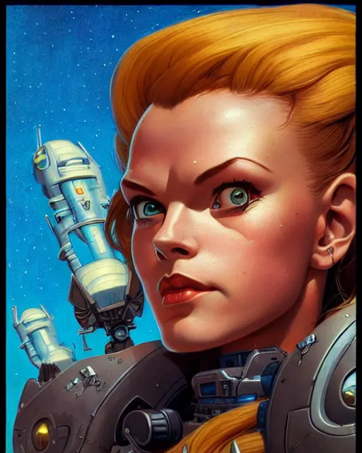 Image similar to brigitte from overwatch, character portrait, portrait, close up, concept art, intricate details, highly detailed, vintage sci - fi poster, retro future, in the style of chris foss, rodger dean, moebius, michael whelan, and gustave dore