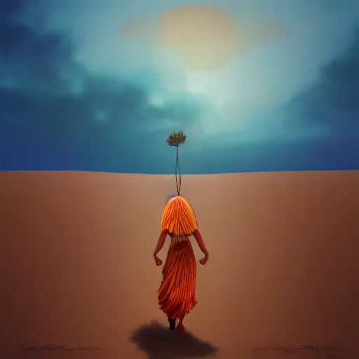 Prompt: closeup giant dahlia flower as head, a girl walking between dunes, surreal photography, sunrise, blue sky, dramatic light, impressionist painting, digital painting, artstation, simon stalenhag