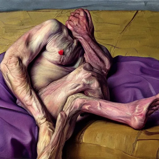 Image similar to high quality high detail painting by lucian freud, hd, purple scars