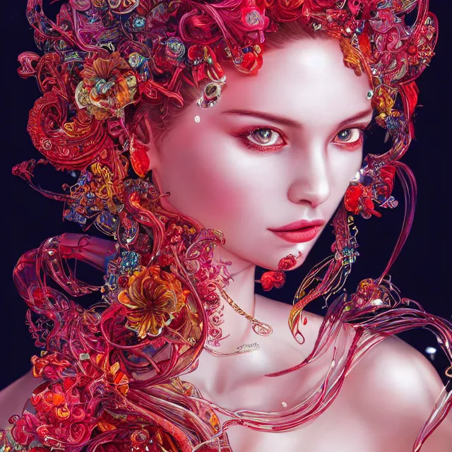 Prompt: an absurdly beautiful, elegant, young hypercolorful sensual woman made of rubies and red gems, ultrafine hyperrealistic detailed face illustration by kim jung gi, irakli nadar, intricate linework, sharp focus, bright colors, matte, octopath traveler, final fantasy, unreal engine highly rendered, global illumination, radiant light, intricate environment