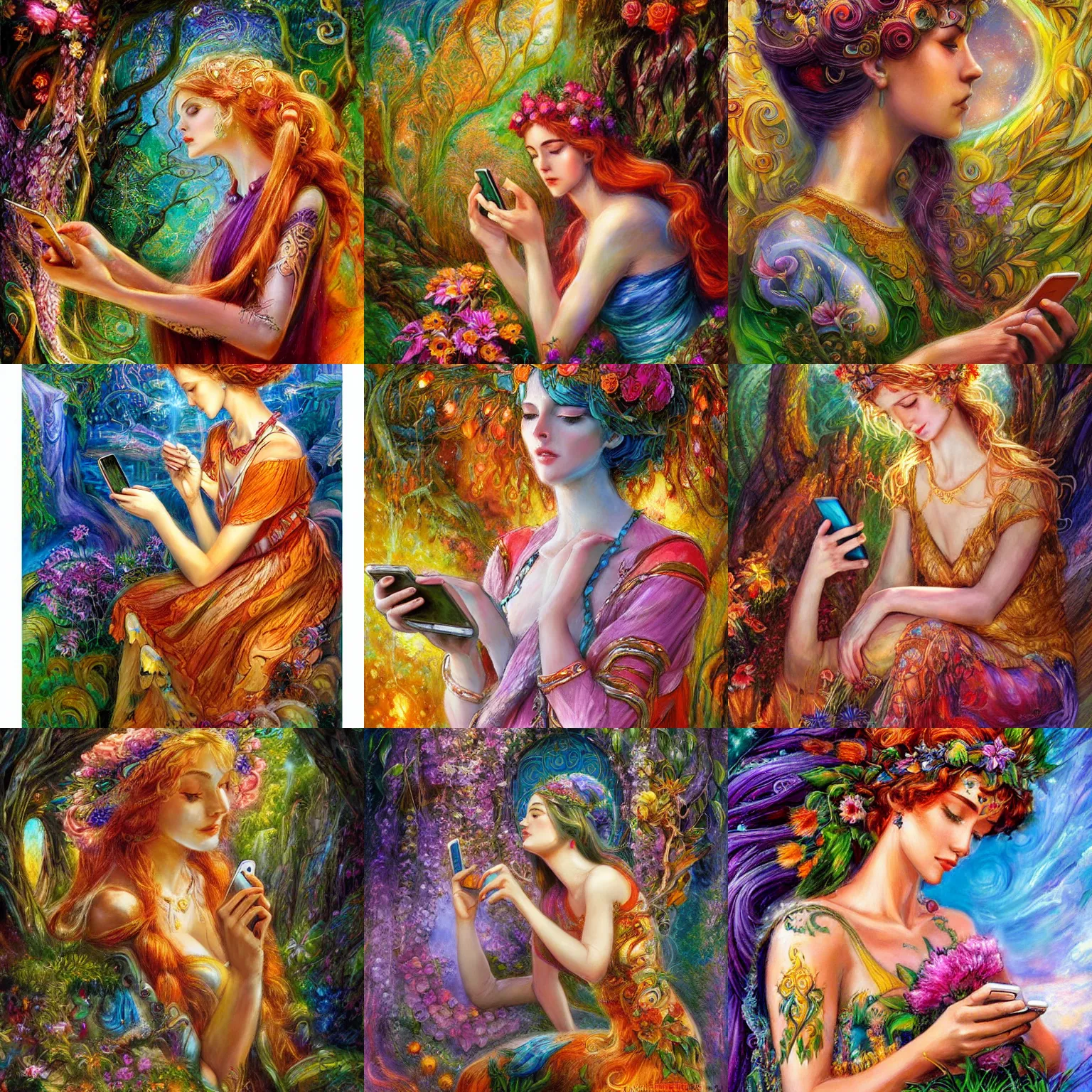 Prompt: depressed nature goddess checking her phone by senior concept artist josephine wall, trending on artstation