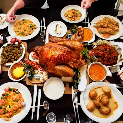 Prompt: photo of a thanksgiving dinner that looks like cats