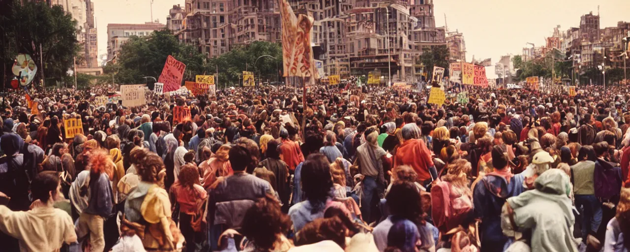 Image similar to ultra wide shot of hippies protesting spaghetti, 1 9 6 0's, balanced,, canon 5 0 mm, cinematic lighting, photography, retro, film, kodachrome