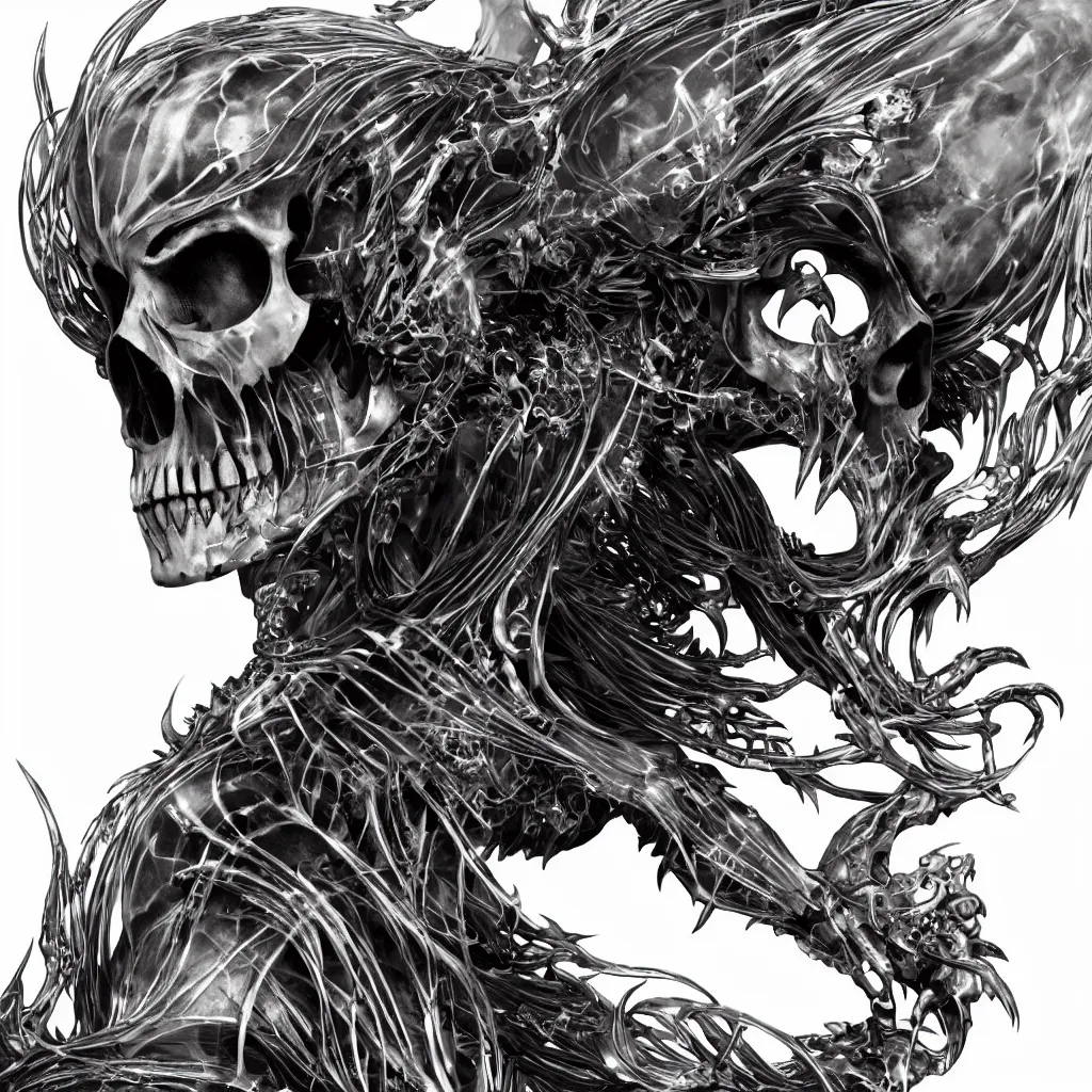 Image similar to close-up macro portrait of the face of a beautiful princess with animal skull mask, epic angle and pose ribcage skeleton, symmetrical artwork, 3d with depth of field, blurred background, cybernetic jellyfish female face skull phoenix bird, translucent, nautilus, energy flows of water and fire. a highly detailed epic cinematic concept art CG render. made in Maya, Blender and Photoshop, octane render, excellent composition, cinematic dystopian brutalist atmosphere, dynamic dramatic cinematic lighting, aesthetic, very inspirational, arthouse. y Greg Rutkowski, Ilya Kuvshinov, WLOP, Stanley Artgerm Lau, Ruan Jia and Fenghua Zhong