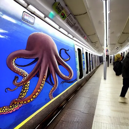 Image similar to of a giant octopus invading a interior of a subway train in new york,