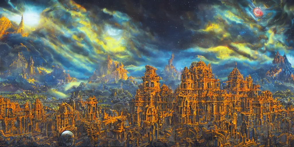 Image similar to fantasy oil painting, gleaming silver mega structure city, argos, indore, kailasa, ellora, hybrid, looming, small buildings, warm lighting, street view, overlooking, epic, interstellar space port launching dock, distant mountains, bright clouds, luminous sky, cinematic lighting, michael cheval, david palladini, oil painting, natural tpose