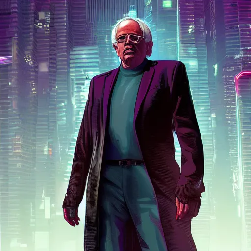 Image similar to cyberpunk bernie sanders as the leader of a futuristic communist nation, cybernetics, sharp lines, digital, artstation, colored in