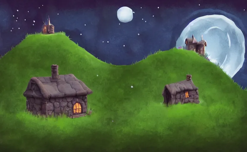 Image similar to a witch's cottage on a lonely hill against a giant moon, storybook, gouache, flat, concept art, lush