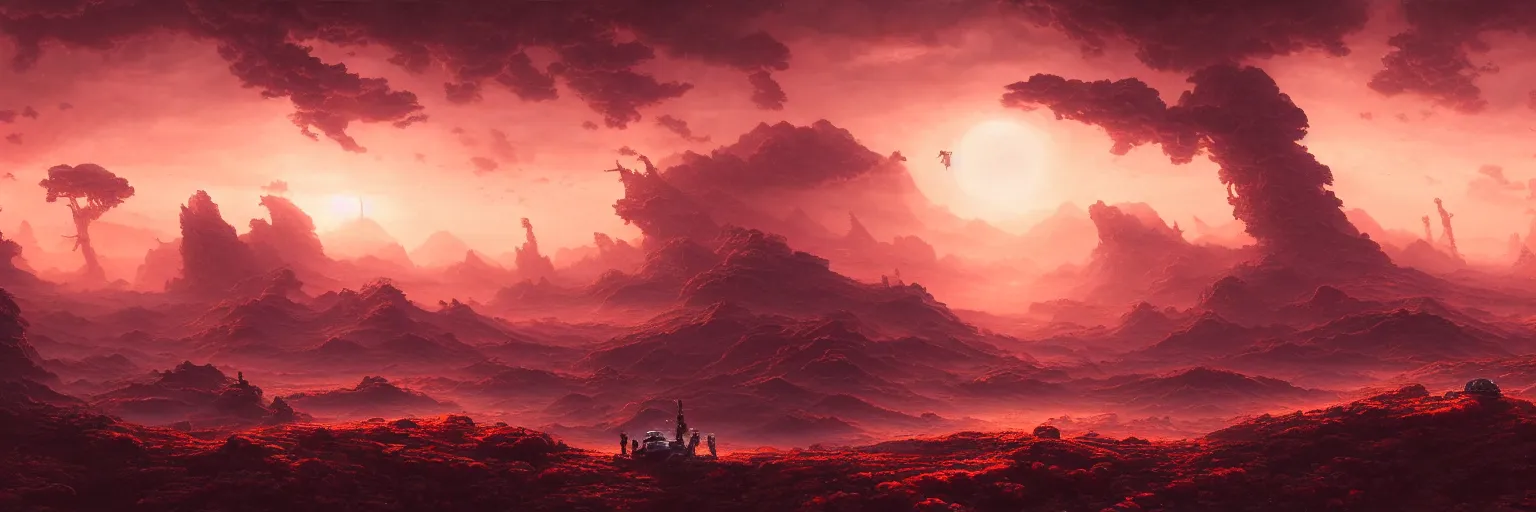 Image similar to ultra realist intricate detailed landscape painting of an alien world, red sky with mech buildings and cyborg tech, symmetry accurate features, very intricate details, bokeh focus, 8k render, artstyle Hiraku Tanaka and Tom Bagshaw, award winning