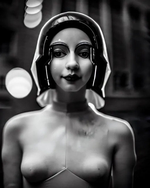 Image similar to black and white dreamy young beautiful female artificial intelligence, metropolis, cinematic, rim light, bokeh, photo - realistic, elegant, high detail, 8 k, masterpiece, photo taken in 1 9 3 0