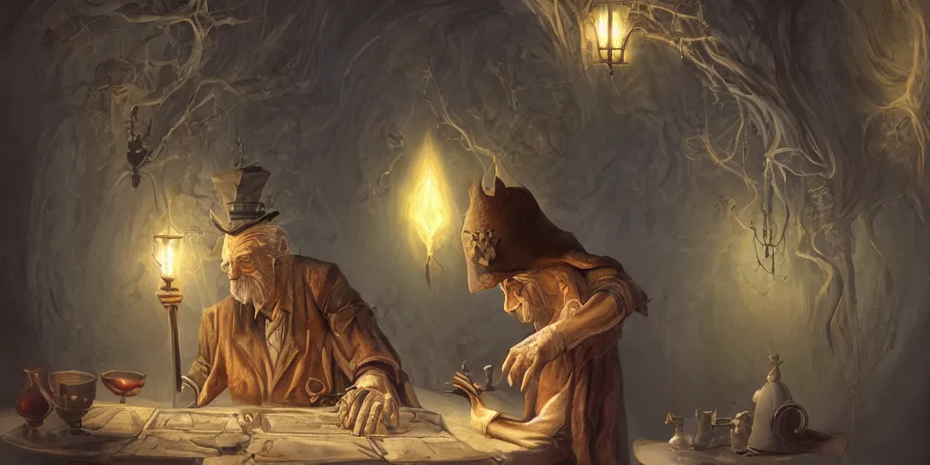 Image similar to back shot of wizened aristocrat examining the mysteries of tarot cards on a magical blackboard, fantasy art, matte painting, high quality, digital painting, artwork by tony sart