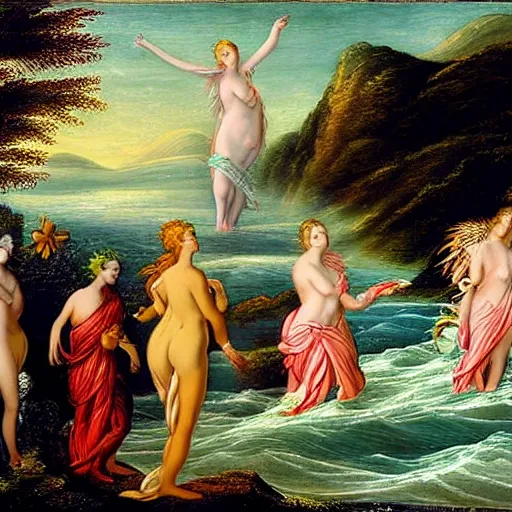 Prompt: The digital art depicts the goddess Venus, who is born from the sea, being blown towards the shore by the wind god Zephyr. On the shore, the goddess of love, beauty, and fertility, is greeted by the nymphs who attend to her. The digital art is a masterful example of use of color, light, and perspective. The figures are depicted in graceful poses, and the overall effect is one of serenity and beauty. by Bastien Lecouffe-Deharme earthy, monumental