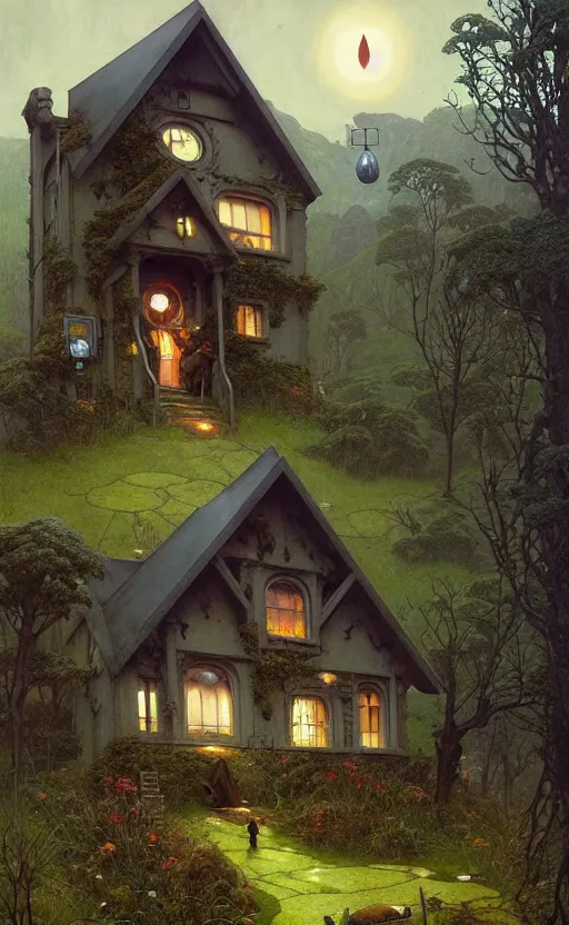 Image similar to a hyper realistic witchy cottage with solar panels on a tall hill, mountains, atmospheric lighting, lush foliage, painting by chiara bautista and tom bagshaw, mucha, beksinski and norman rockwell and greg rutkowski weta studio, and lucasfilm