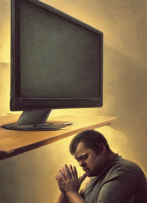 Image similar to insanely detailed chiaroscuro image of a exhausted - looking slightly fat casually - dressed programmer guy on his knees facing his glowing ultrawide computer monitor monitor begging it for forgiveness, oil on canvas, masterwork, fine detail, trending on artstation, emotive, insanely compelling, ryden, koons, moebius