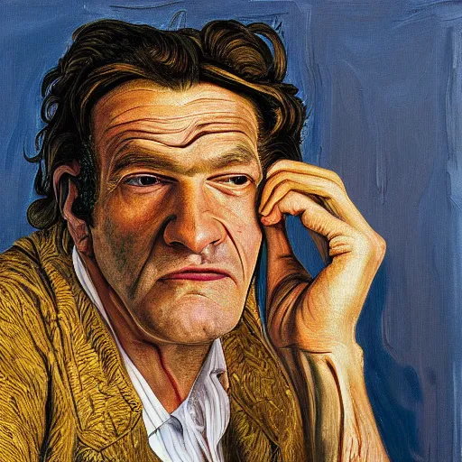 Image similar to high quality high detail painting by lucian freud, hd, portrait of yellow tarantino