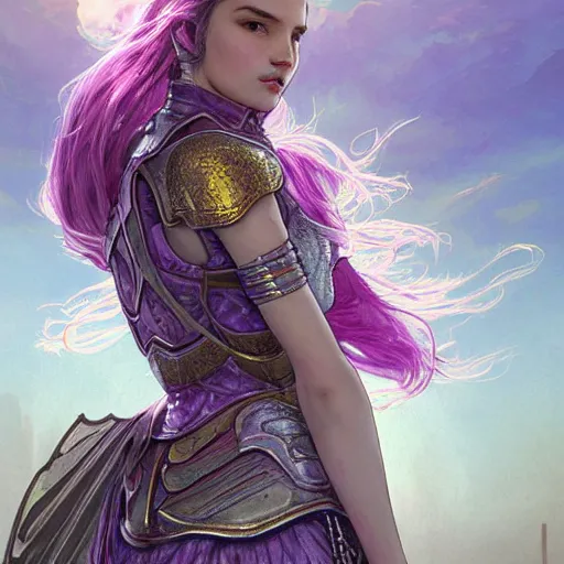 Image similar to portrait knights of Zodiac girl, metalic pink and pastel purple reflected armor, in ruined Agora of Athens sunset, ssci-fi, fantasy, intricate, very very beautiful, elegant, golden light, highly detailed, digital painting, artstation, concept art, smooth, sharp focus, illustration, art by tian zi and WLOP and alphonse mucha