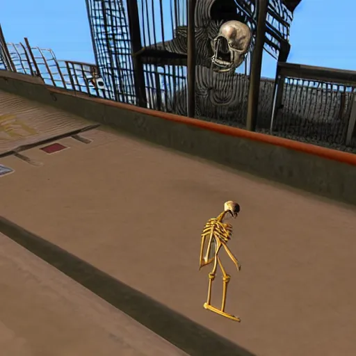 Image similar to A gameplay screenshot of a skeleton in tony hawk (PS2, 2004)