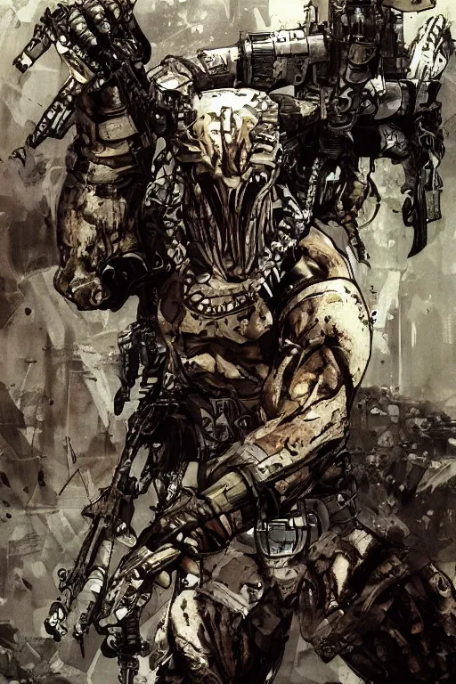 Image similar to predator illustrated by yoji shinkawa, science fiction horror action, ink, digital painting, highly detailed, trending on artstation, sharp focus, illustration, concept art, norman rockwell