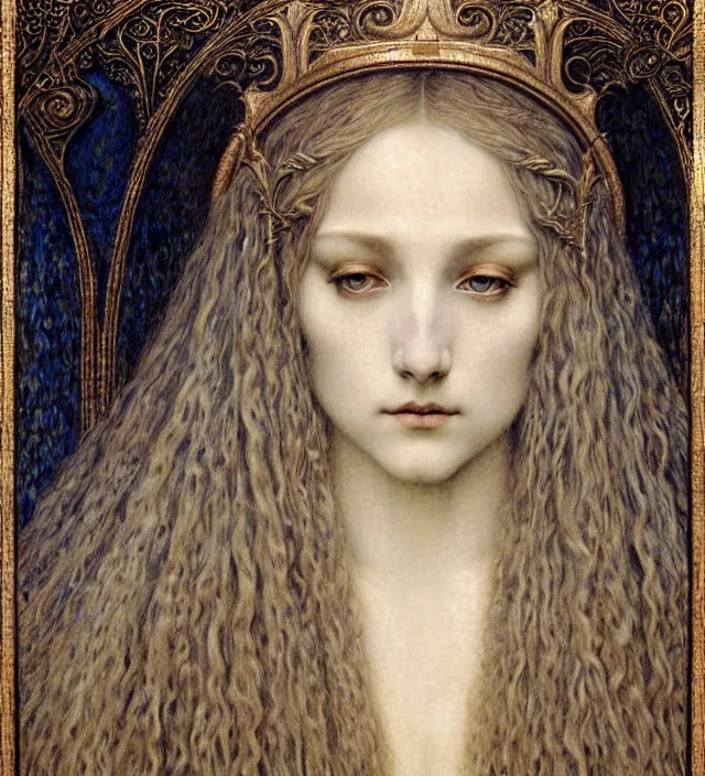 Image similar to detailed realistic beautiful young medieval queen face portrait by jean delville, gustave dore and marco mazzoni, art nouveau, symbolist, visionary, gothic, pre - raphaelite. horizontal symmetry