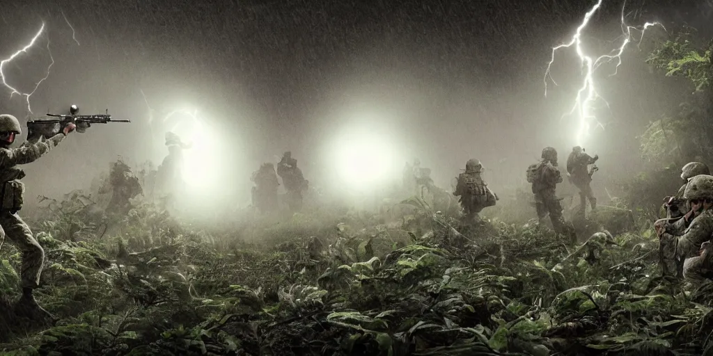 Prompt: A photo of 1960\'s US soldiers shooting at an eldritch monster in the jungle during a thunderstorm. highly detailed, cinematic lighting, 8k