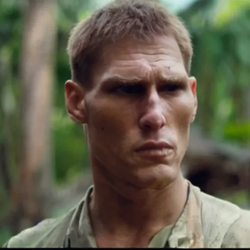 Image similar to Live Action Still of Jerma985 in Apocalypse Now, real life, hyperrealistic, ultra realistic, realistic, highly detailed, epic, HD quality, 8k resolution, body and headshot, film still