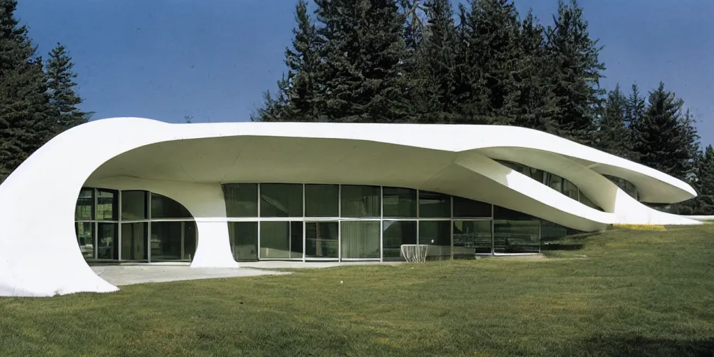 Image similar to residence in the style of seattle's pacific science center, high symmetrical crisscrossing white arches, designed by minoru yamasaki