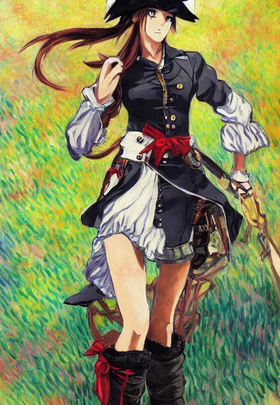 Image similar to wide angle painting of a female pirate, a thrifty uniform, somewhat of an anime in impressionist style, trending artwork, illustrated in anime painter studio, by claude monet and an anime artist, collaboration