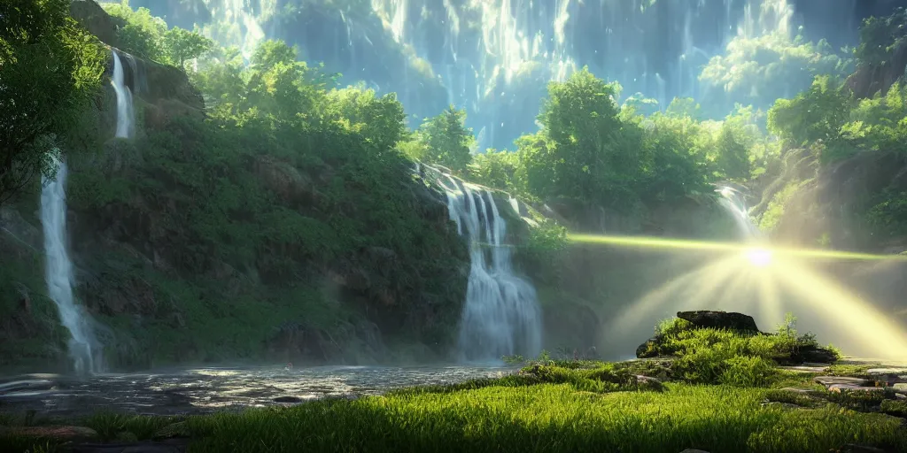 Image similar to stunning landscape, waterfall, god rays, 8 k uhd, unreal engine, octane render in the artstyle of kuindzhi