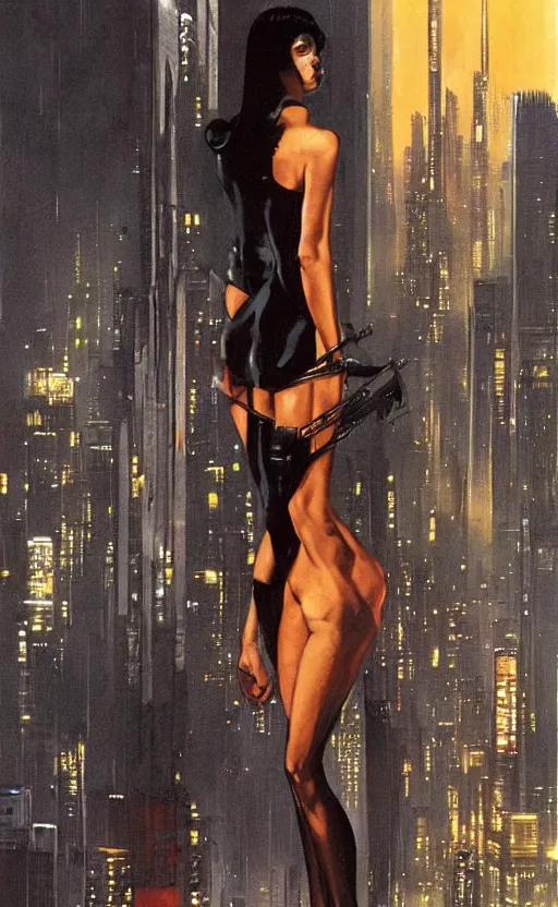 Image similar to an elegant Black woman in dress and heels, her back is to us, looking at a futuristic Blade Runner city, by Robert McGinnis.