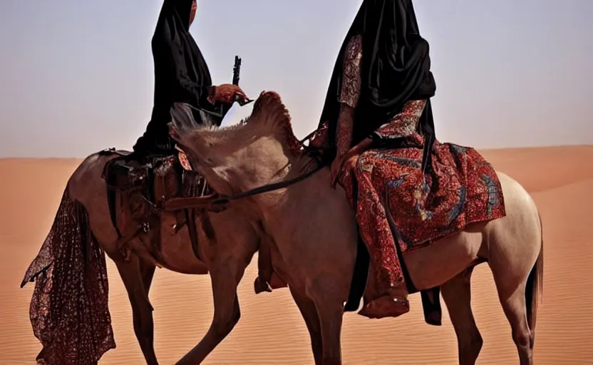 Image similar to beautiful burqa's woman, ride horse in saharan, sharp eyes, handling riffle on chest, shooting pose, perfect posture, dust, cinematic, dynamic pose, pinterest