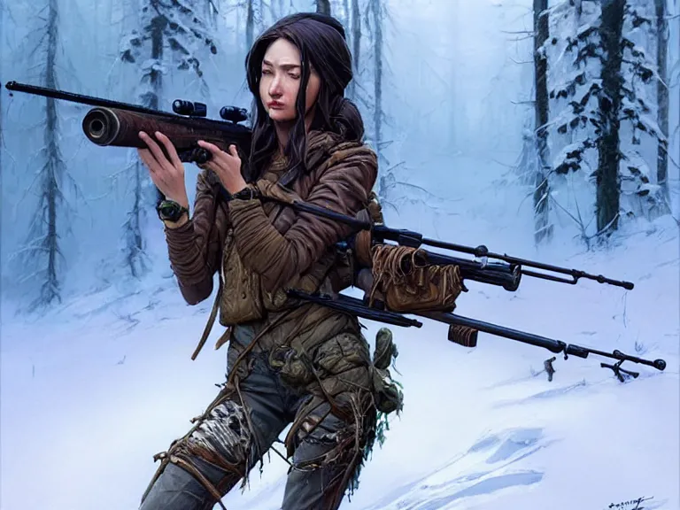 Image similar to a beautiful and aesthetic sniper huntress on the winter valley, aiming the sniper, toward to the camera, hunting the monsters, cynical, dramatic pose, intricate, highly detailed, detailed face, smooth, sharp focus, environmental light, rim light, artgerm, artstation, art by greg rutkowski, ilya kuvshinov, rossdraws, fantasy illustration