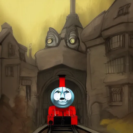 Image similar to gloomy and frightening thomas the engine goes straight to hell, artstation